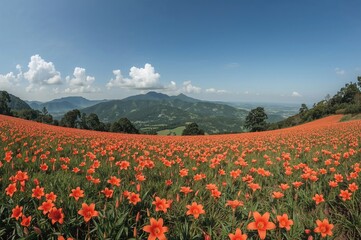 Stunning wide view of vibrant orange daylilies blooming in a vast field on a mountain.