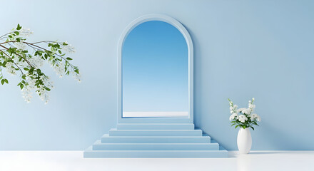 Fototapeta premium Serene Blue Archway with Steps, Flowers, and Blossoms: A Minimalist Scene