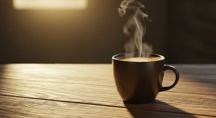 A close-up shot of a hot cup of black coffee on a wooden table