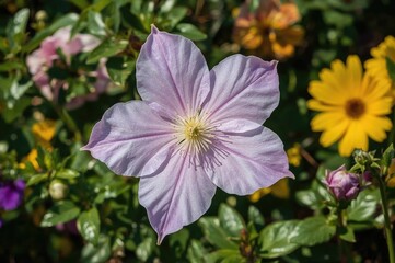 Fototapeta premium Gorgeous twin blooms of pale violet clematis in full blossom
