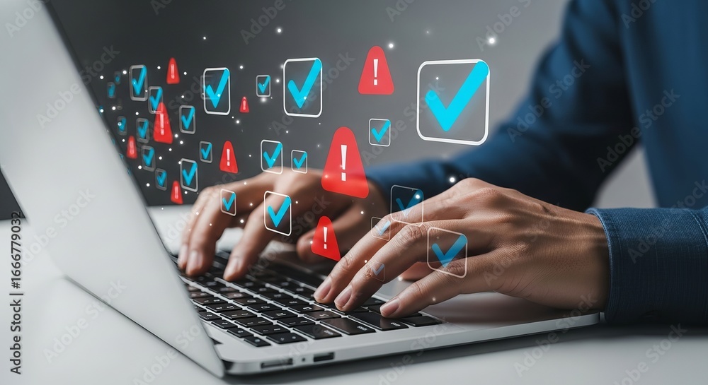 Poster closeup of hands typing on a laptop with a digital checklist and checkmarks appearing on the screen,