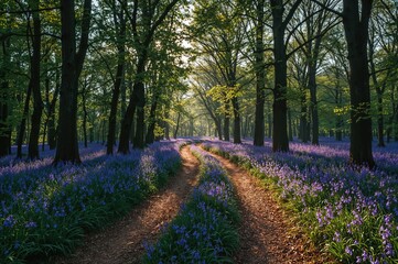 Naklejka premium Stunning sunrise over a forest path lined with bluebells and tall trees