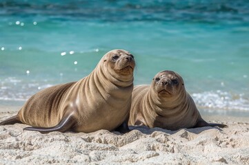 Fototapeta premium Adorable marine mammal lounging on the beach by the water's edge. Stunning wildlife photograph capturing natural habitat. High-resolution image of a sea creature in the wild.