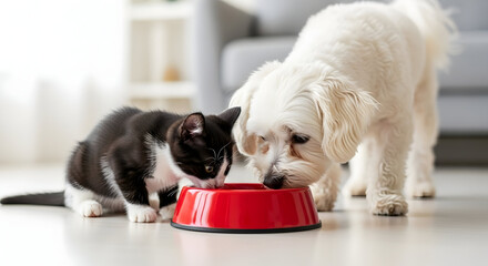Fototapeta na wymiar Kitten and Dog Sharing Meal: A heartwarming, domestic scene