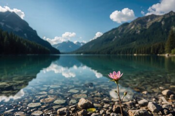 Stunning Lake Scene with Vibrant Pink Blossom