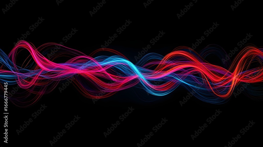 Poster vibrant colorful waves of light in dynamic motion on dark background