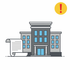 A flat line illustration of a government building, a legal document, and a warning alert icon.