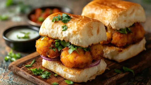 vada pav, mumbai streetfood, indian food close-up orbit video	
