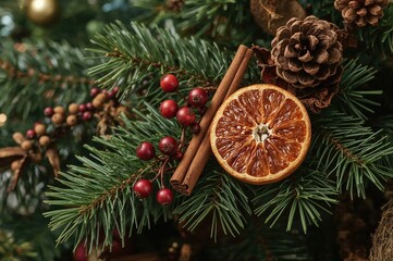 Eco-friendly natural holiday decoration featuring dried red orange slices, berries, and cinnamon on a conifer branch with cones.
