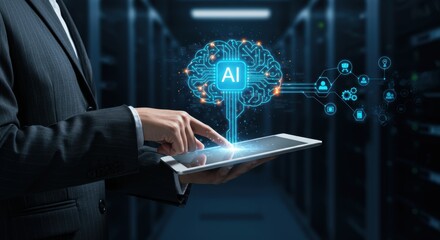 Businessman uses technology with digital brain connection icons and a modern server room showcasing modern technology