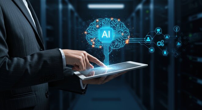Businessman uses technology with digital brain connection icons and a modern server room showcasing modern technology - Powered by Adobe