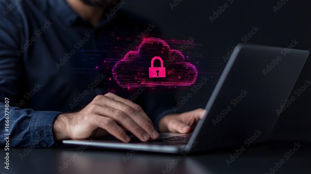 Poster man using laptop with cloud security symbol for data protection