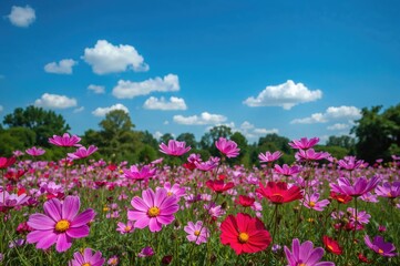 Fototapeta premium Vibrant purple, pink, and red cosmos blossoms thriving under a clear blue sky in a garden