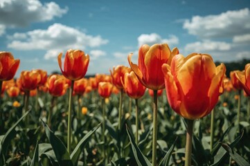 Obraz premium Vibrant red and yellow tulips blooming under bright sunlight in a lush field.