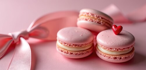 Obraz premium Sweet pink macaroons arranged with satin ribbon, small red heart. Delicate French confectionery perfect for celebrations like Valentine Day anniversaries. Delicious biscuit treats with creamy filling