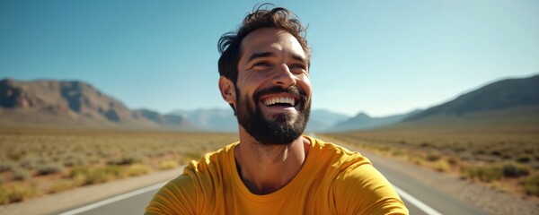 Smiling man with beard enjoys scenic road trip adventure. Open highway through desert mountains under clear blue sky. Capturing moments of happiness, wanderlust, exploring new destinations. Lifestyle