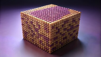 Abstract geometric cube with purple and brown textured surface detailed studio shot