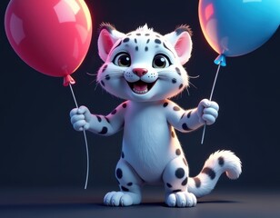 Adorable Cartoon Snow Leopard Cub with Party Balloons
