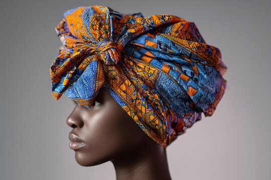 A traditional "panu" (headwrap) made of vibrant, patterned fabric, tied elegantly on an abstract head, symbolizing style and tradition.