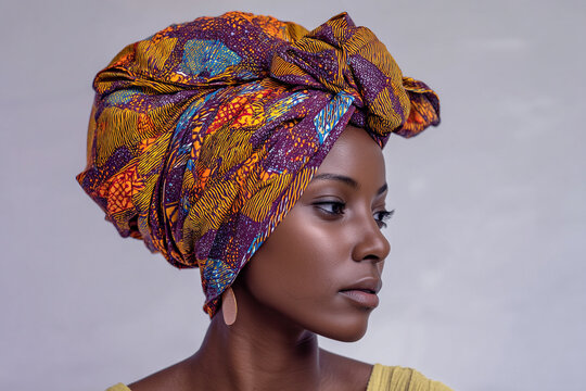 A traditional "panu" (headwrap) made of vibrant, patterned fabric, tied elegantly on an abstract head, symbolizing style and tradition.