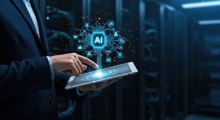 Data management professional interacts with digital technology in a server room enhancing network security