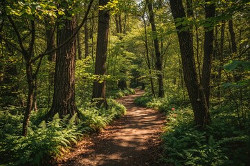 Naklejka premium Scenic trail winding through vibrant spring woodland