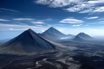 The dramatic, remote volcanic peaks of Fogo Island, showing abstract active craters and black lava fields under a vast sky.