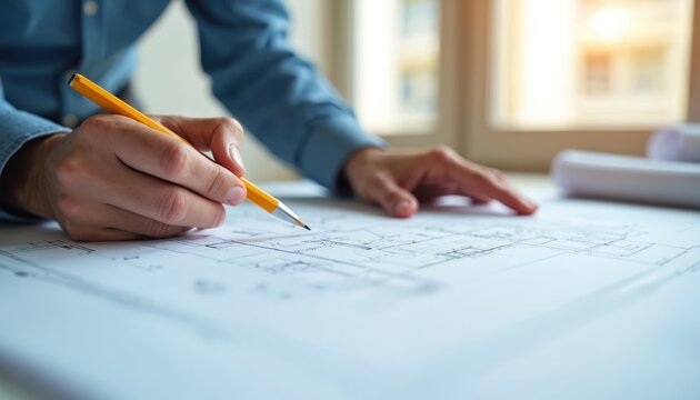 Architect carefully reviews blueprints for construction project. Closeup of hands using pencil on architectural drawings, verifying design specifications. Professional planning, engineering, building