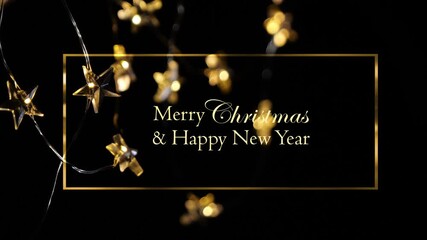 bright led string light stars isolated on black background with text in a golden frame, digital christmas and new year card - Powered by Adobe