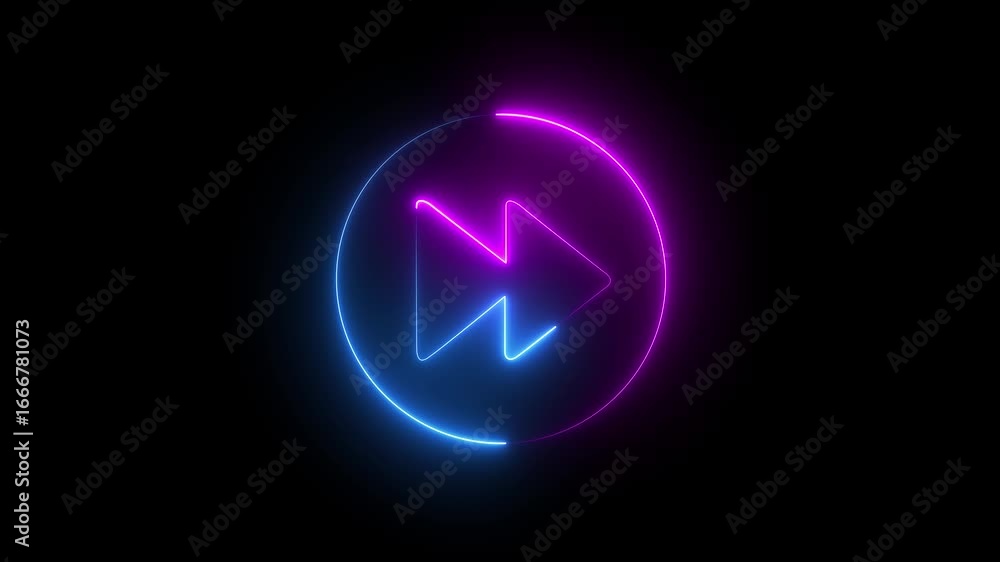 Poster abstract glowing neon music arrow button symbol. 4k motion graphics animation.