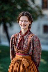 A young Czech woman shown from the waist up, wearing a traditional folk dress with a brightly colored long skirt, an intricately embroidered blouse, and a simple apron tied at the waist
