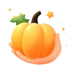 Hand holding a vibrant pumpkin with stars and leaves