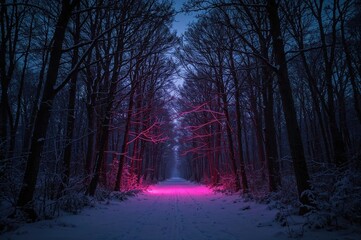 Enchanted winter woodland with eerie neon glow and mystical aura