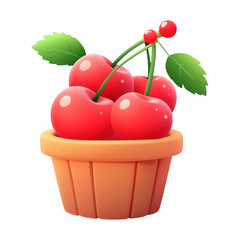 Vibrant cartoon cherries in a wooden basket