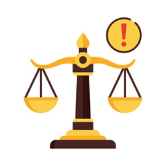 Illustration of a balance scale with an exclamation point, symbolizing justice and warning.