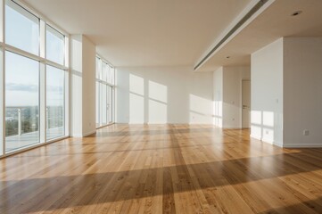 Obraz premium Design and Layout of Vacant Living Space Featuring Multiple Windows