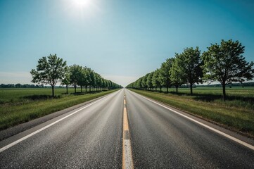Fototapeta premium Paved pathway stretching far ahead under a bright summer sky with lush greenery lining the sides