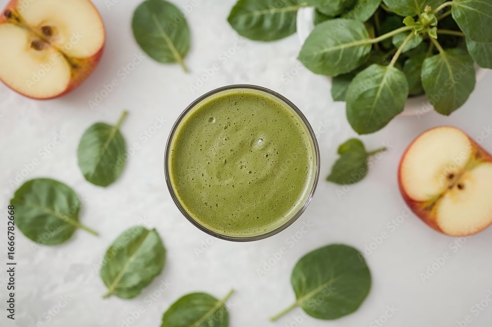 Poster smoothie made from spinach and apple on a white textured surface, overhead shot with space for text.