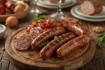 Variety of smoked sausages displayed on a wooden board. Culinary theme