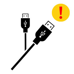 A black USB cable icon with a yellow and red exclamation mark symbol indicating a connection error, warning, or problem.