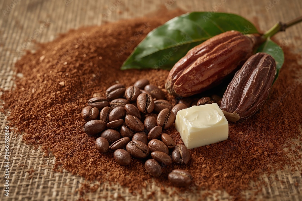 Poster fragrant cocoa beans accompanied by butter on a surface
