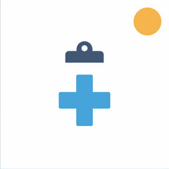 Fototapeta premium A stylized illustration featuring a blue cross symbol with a clipboard above, representing healthcare.