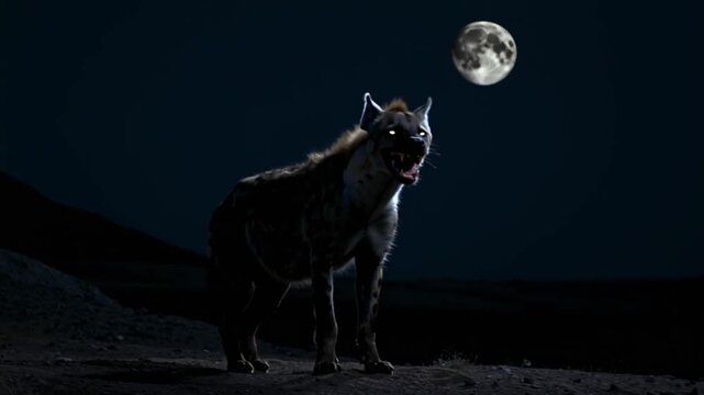 A fearsome spotted hyena bares its teeth with glowing eyes, standing menacingly in the eerie glow of the full moon on a dark night