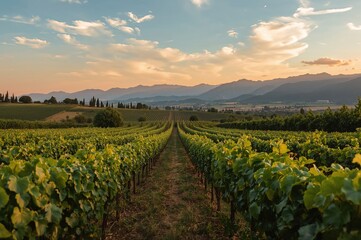 Obraz premium Panoramic vineyard view featuring lush green grapevines at dusk with breathtaking mountains and cloudscape in the distance
