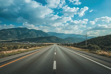 Morning landscape with green mountains and a paved road under cloudy sky