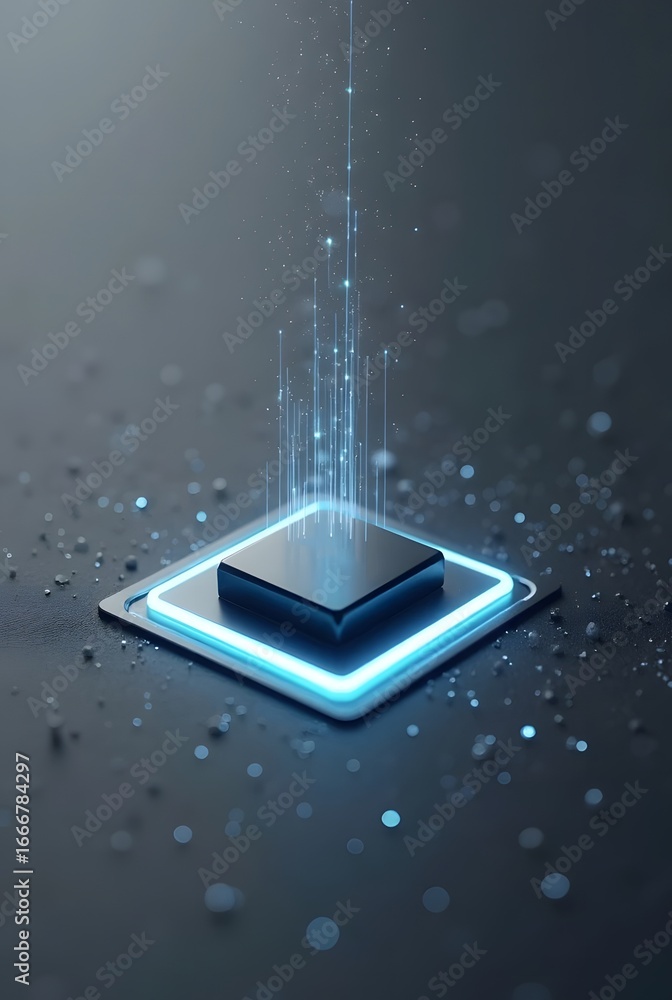 Poster abstract digital data streams ascend from a sleek black cube, vertical composition. neon blue accent