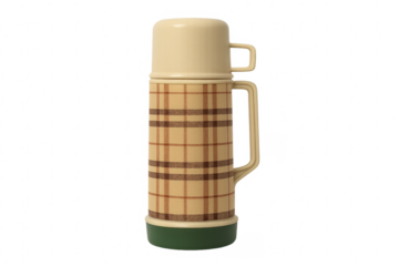 Vintage plaid thermos on transparent background, keeping drinks hot or cold