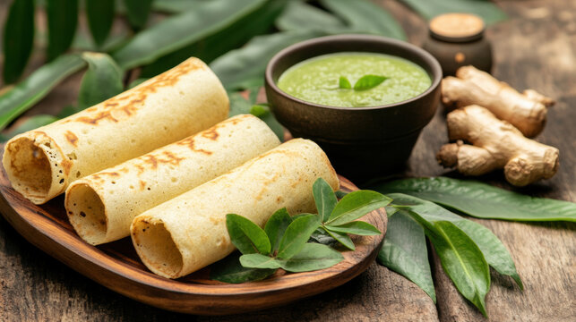 India food, Delicious Andhra-style Pesarattu dosa served with ginger chutney, perfect for food lovers and culinary enthusiasts.