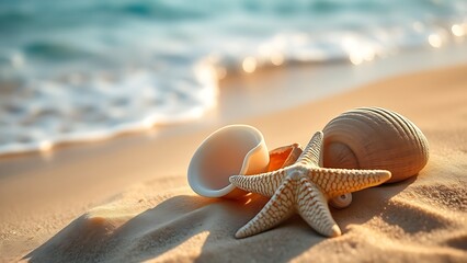 Obraz premium Seashells and starfish on sand, evoking tranquility of a tropical beach.