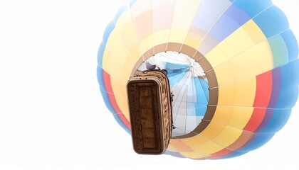 Hot air balloon basket with burner and colorful envelope isolated on white background aerial recreational transport concept
